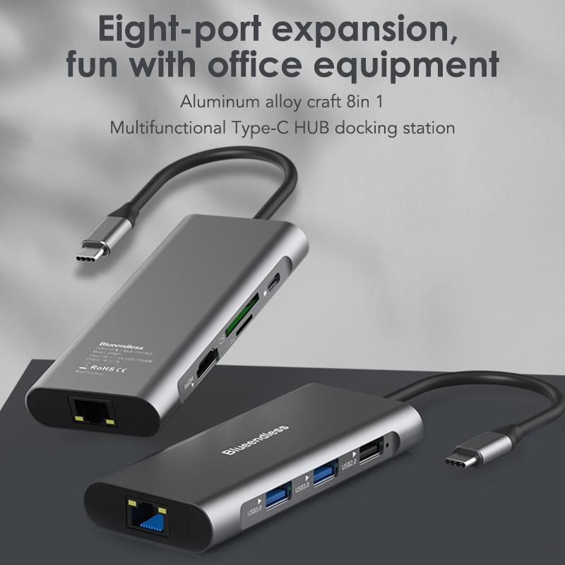 USB-хаб Type C 8-в-1 с HDTV 4K 30 Гц, конвертер для ноутбука, адаптер USB C, USB 3.0, 2.0, кардридер, хаб-док с PD-зарядкой