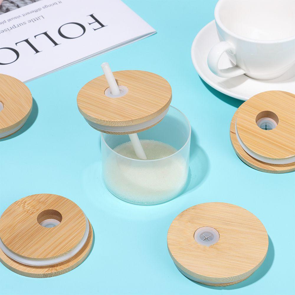Storage Bottles Silicone Seal Ring Wide Mouth Cup Mason Jar Lid With Straw Hole Bamboo Wood Lids