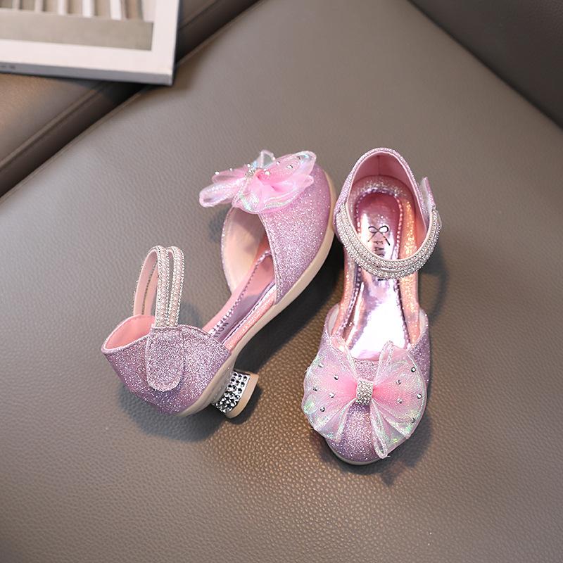Обувь для девочек, детская мода, туфли на высоком каблуке, весна-лето, принцесса, блестящие туфли для вечеринки, повседневная обувь с бантом, круглый носок