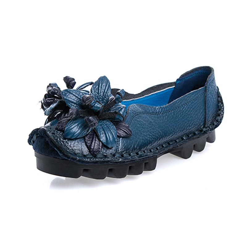 Retro Shoes Platform Flats Women's Floral Ballet Shoes Ladies Real Leather Loafers Woman Lug Sole Shockproof Moccasins Blue Shoe