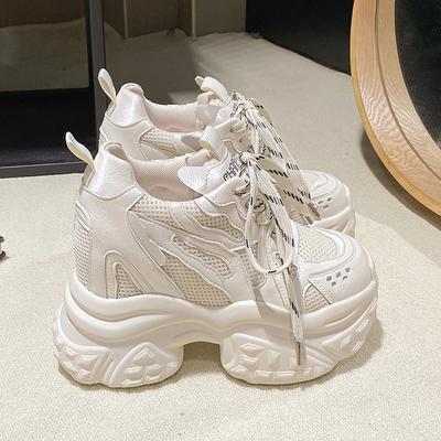 Мода 12СМ Новинка 2025 Осень Дышащие Женские Массивные Кроссовки На шнуровке Клинья Сетчатая Обувь Толстая Подошва Кроссовки Высокая Платформа Повседневная Обувь