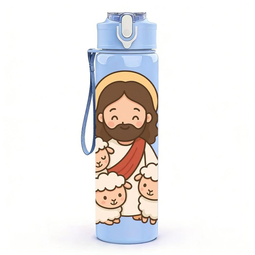 1PC Jesus Surrounded By Sheep Print 750ml Color Plastic Sports Water Bottle Leakproof Flip Straw Lid Suitable for Sports Office Home Use