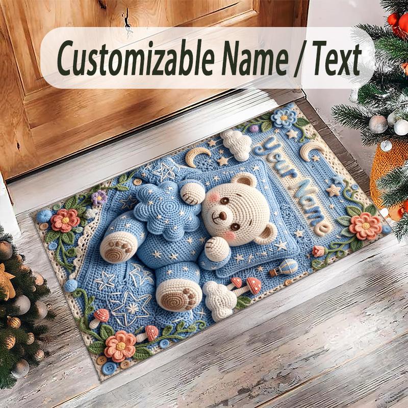 Teddy Bear Theme Crystal Velvet Rug Personalized Custom Name Text Soft Floor Mat Home Decor