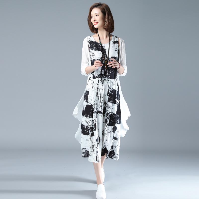 Женский летний костюм-двойка из хлопка и льна с шалью с принтом тушью, 2025