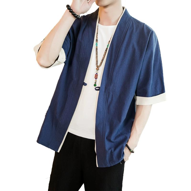 Summer Men Kimono Jackets Cardigan Lightweight Casual Cotton Blends Linen Seven Sleeves Open Front Hanfu Coat