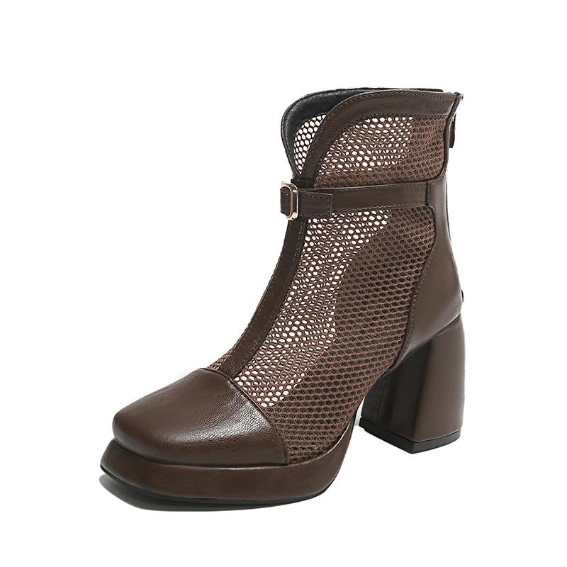 2025 Сетчатые женские ботинки Дышащие Квадратный носок Задняя молния Массивный каблук Босоножки-ботильоны Элегантная пряжка Современные ботинки