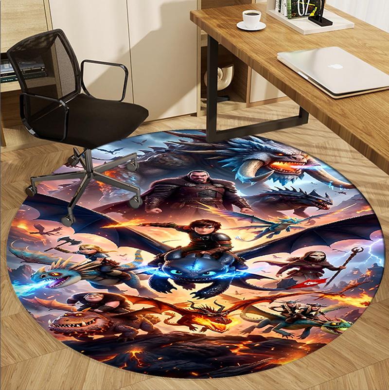 How to Train Your Dragon Pattern Round Rug, Indoor/Outdoor Mat, for Picnic, Gameroom, Bedroom, Office, Living Room, Home Decor Carpet, Birthday Gift