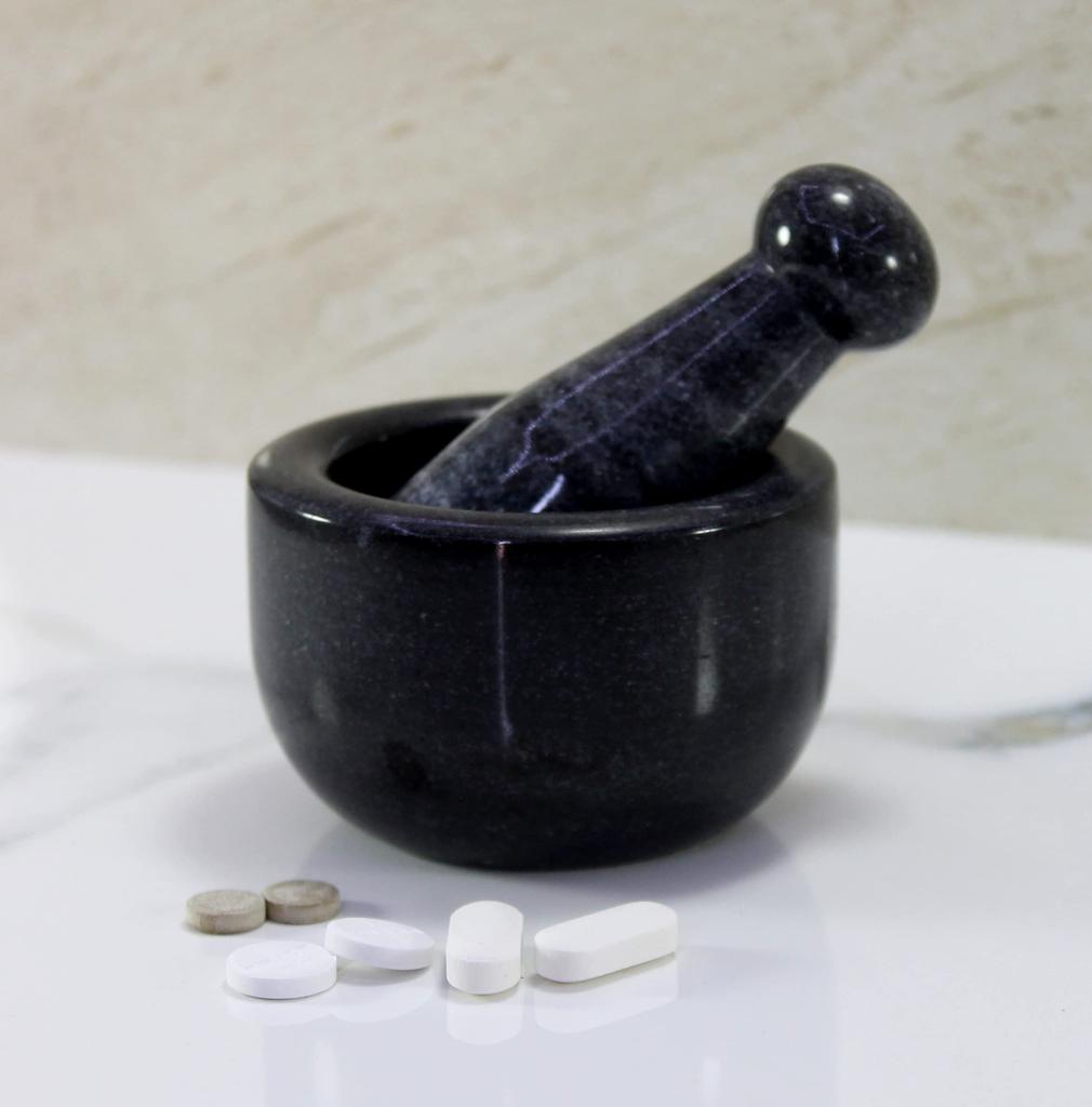 KLEO 3" Diameter Black Natural Stone Mortar and Pestle Set for Spices, Medicine, Pills, Grinder, and Masher - Small Size