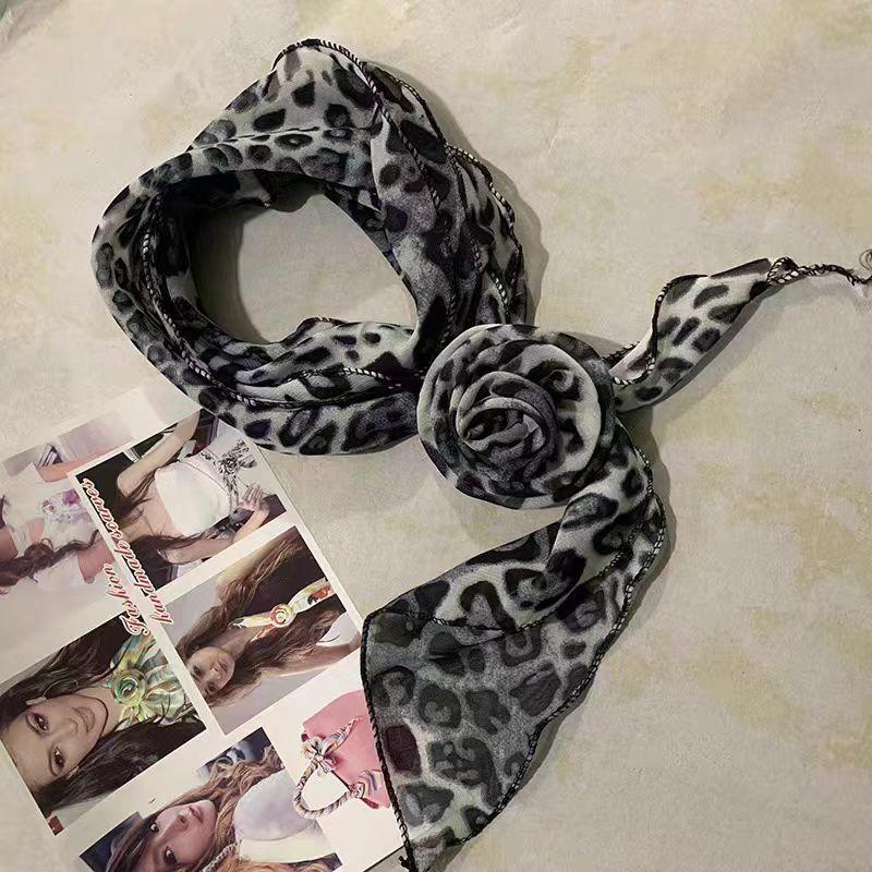 Elegant Leopard Print Silk Scarf Women DIY Tie Method Luxury Print Detachable Flower Headscarf Girls Fashion Ribbon Rose Scarf