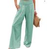Fashion Casual Green Wide Leg Pants Women Elastic Solid Cotton Linen Long Pants Female Loose OL Style Womens Trousers