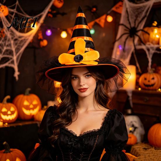 Holiday Themed Party Accessories Halloween Witch Hat for Women Girls, Large Striped Wizard Costume Headwear with Flower Accessories, Cosplay, Gorgeous
