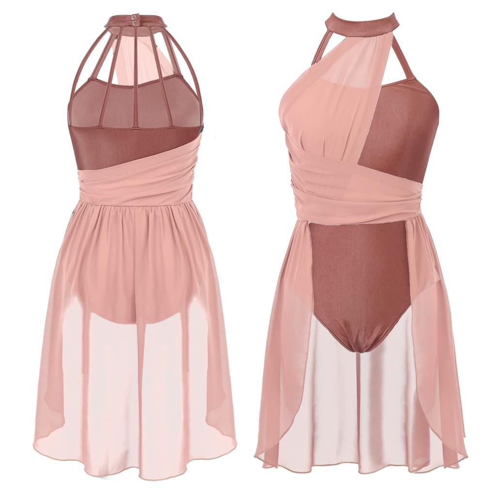 Женское танцевальное платье без рукавов, модное платье с асимметричной шифоновой юбкой и купальником