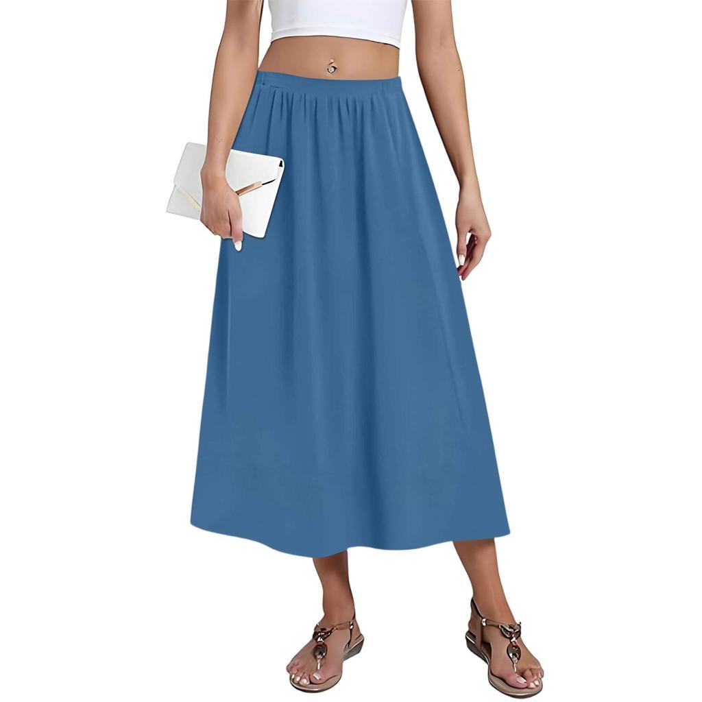 Women's Casual Fashion Solid Colour Big Hem Skirt Elasticated Loose Pockets Pleated Half-body Skirt (With Side Pockets)