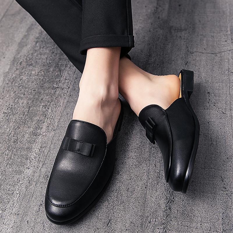 Men Leather Casual Shoes Summer Men Dress Shoes Half Slippers High Quality Simplicity Black Loafers Men Mules Lightweight Flats