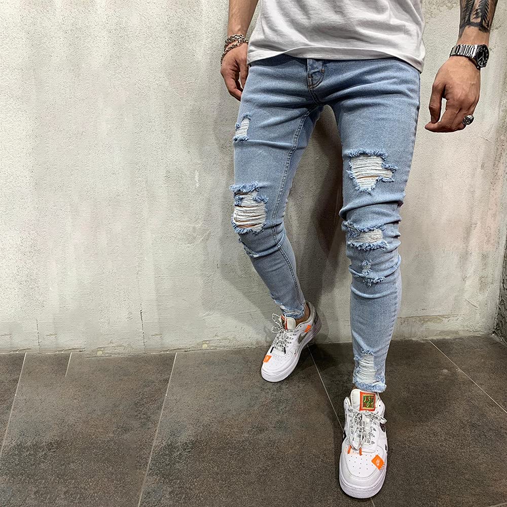 Petit Francais Distressed Slim Fit Jeans Men Khaki Stretch All Seasons