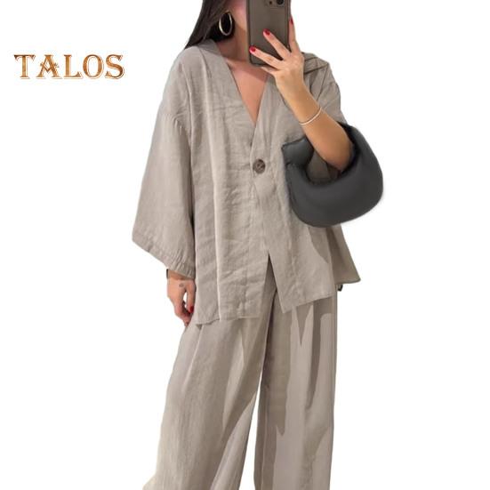 Женский комплект из двух частей из хлопка и льна, топ с длинным рукавом и V-образным вырезом на пуговицах, широкие брюки, повседневная домашняя одежда