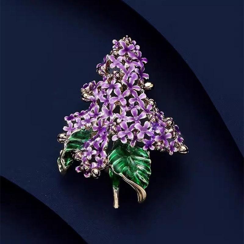 Portable Enameled Purple Lilacs Pin for Formal Event Sturdy Metal Ornament With Intricate Detailing