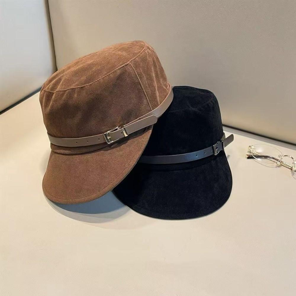 Soft Faux Suede Newsboy Cap Leather Belt Buckle Visor Cap New Beret Hat Autumn Winter