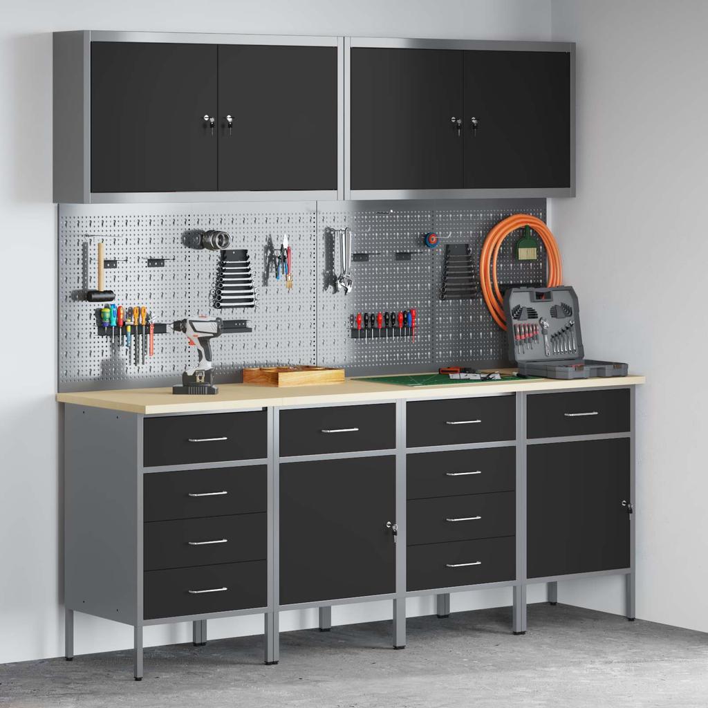 Workbench 10 pcs. Black and Grey Engineered Wood and Steel