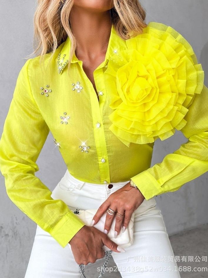 New spring and autumn women's clothing three-dimensional flower perspective ordered diamond shirt wholesale