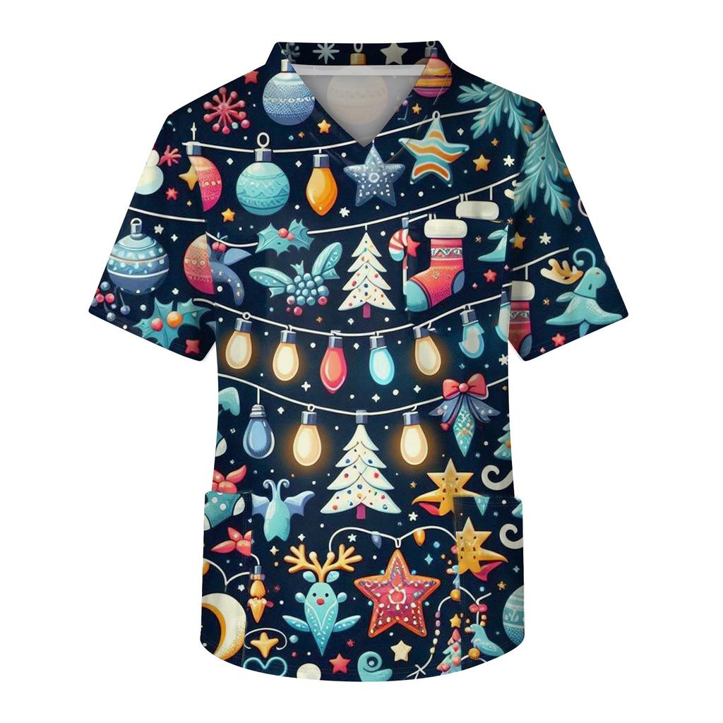 Мужской топ с коротким рукавом, V-образным вырезом, рождественским принтом и нагрудным карманом