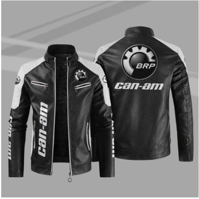 Men's PU Leather Winter Can-am Logo Fashion Motorcycle Bomber Zipper Long Sleeve Jacket Outwear Keep Warm Male Coat