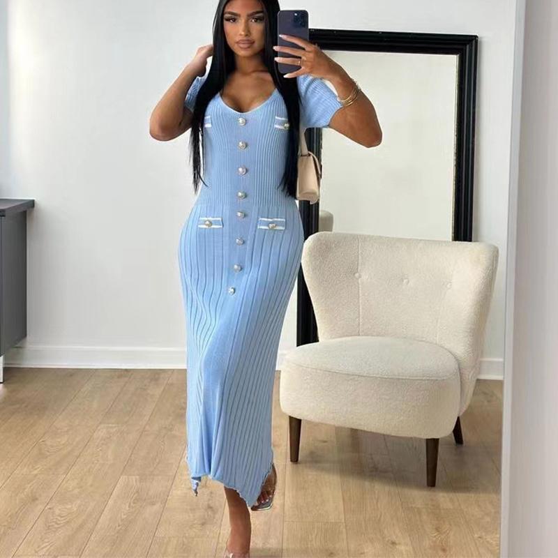 Knit Button Ribbed Slim Hip Package Women Long Dress Early Autumn V-neck Short Sleeve Female Robe