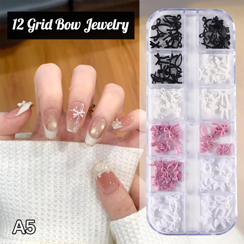 12 Grid Multiple Colors Bowknots Nail Art Charms Mini Adorable Line Bows Ties Resin Nail Decorations For Diy Earring Nail Suppli