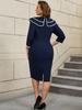 Vintage Navy Blue Bodycon Midi Dress with Contrast Trim Lapel Collar and Belt Elegant Plus Size Party Dresses for Women Formal Office Wear