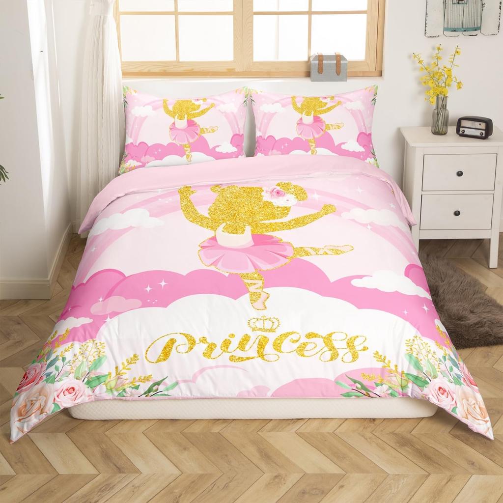 Fairy Tale Castle Bedding Set Twin QueenGirly Golden Castle Silhouette Duvet CoverBlooming Flowers Botanical Comforter Cover