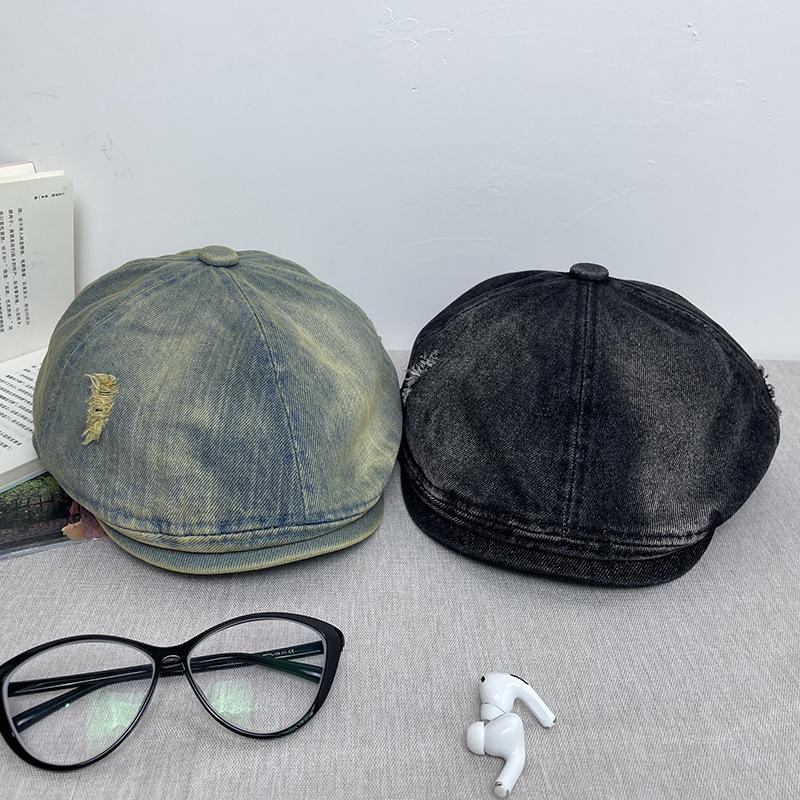 Шапка женская весна и осень стираный джинсовый берет британский винтаж универсальный восьмиугольный утиный язычок вперед кепка газетчика мужской