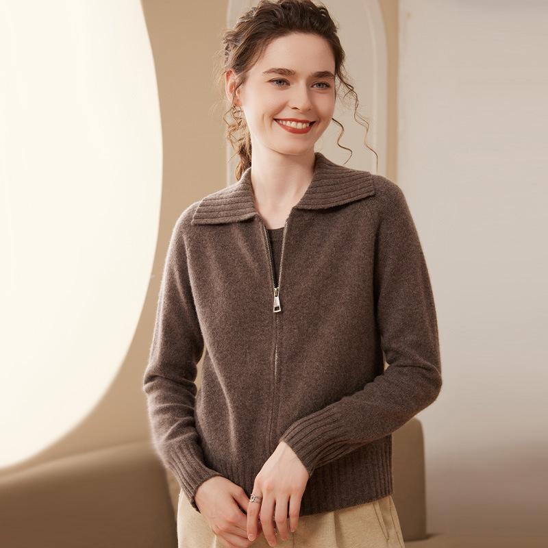 Autumn/Winter Cashmere Knit Cardigan Coat - Women's Long Sleeve Zip-Up with Large Lapel