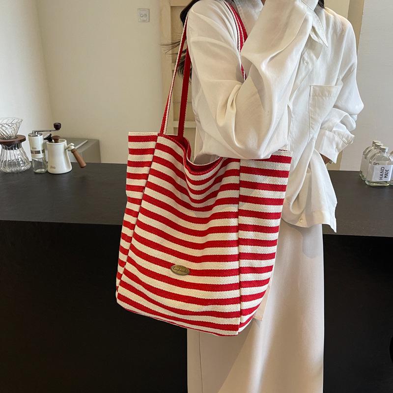 Women's 2024 Large Striped Canvas Tote Bag for Commuting & College Students