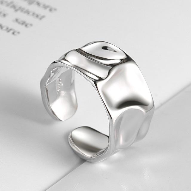 Foxanry Silver Color Irregular Handmade Ring for Women Creative Geometric Wide Anillos Jewelry Gift Size 16.5mm Adjustale