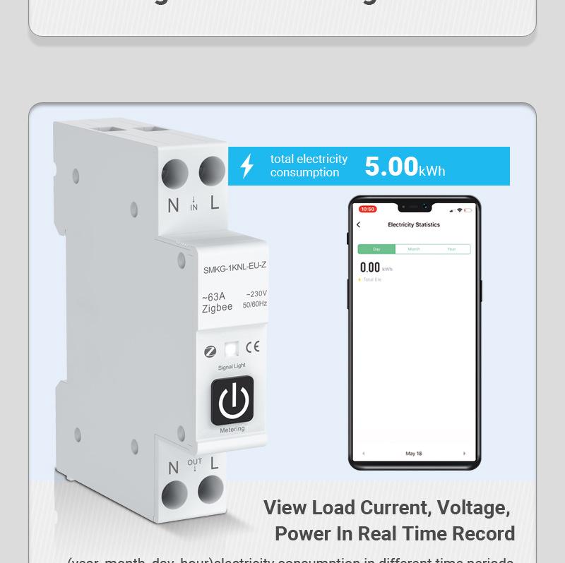 Умный автоматический выключатель ZigBee Tuya с дистанционным управлением, таймером, измерением, защитой от перегрузки по току и перенапряжения и сигнализацией.