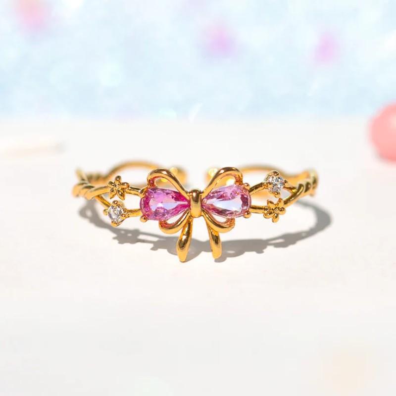 Exquisite Pink Zircon Bow Ring for Women Female Gold Flower Shining Crystal Open Ring Birthday Party Jewelry Gifts