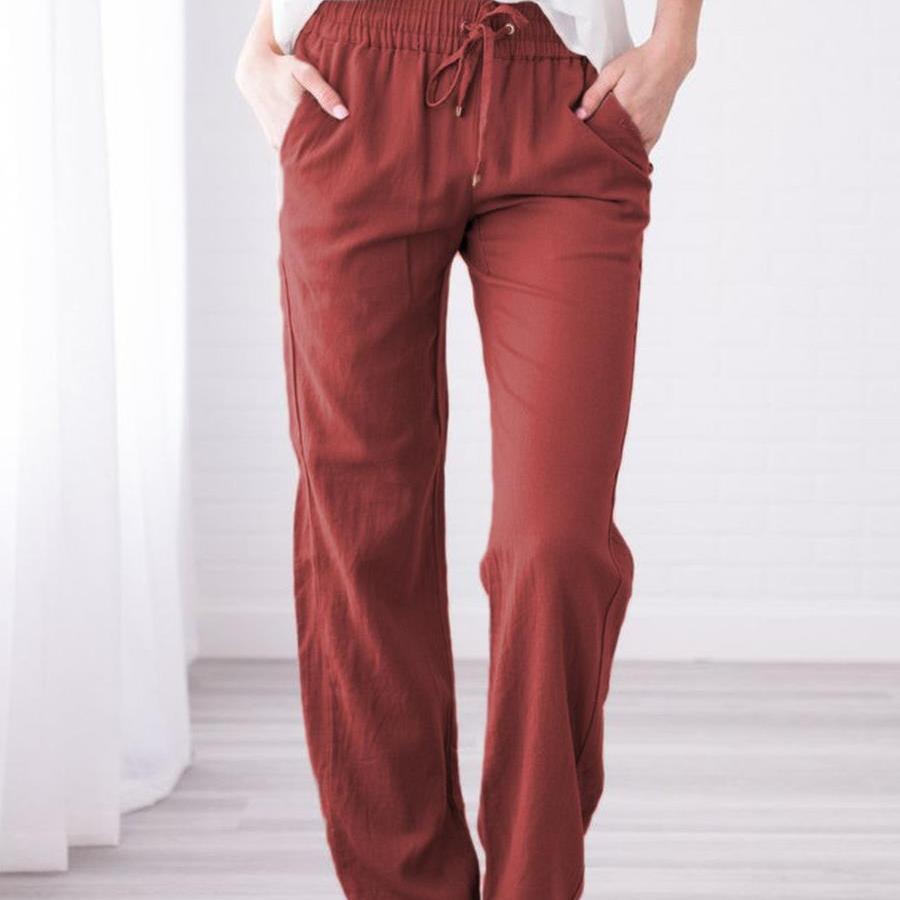 Женские повседневные хлопковые и льняные однотонные длинные прямые брюки с эластичной резинкой на талии