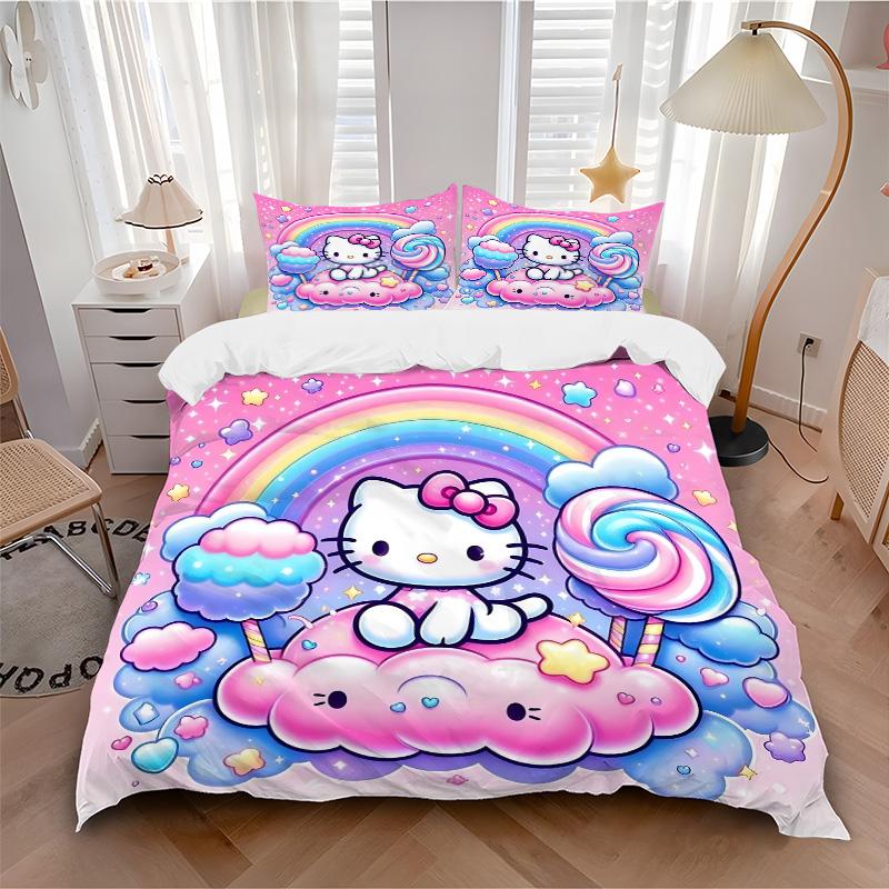Hello Kitty Rainbow Fantasy Print 3Pcs Bedding Setduvet Cover With 2 Bedropillowcase Home Birthday Gift
