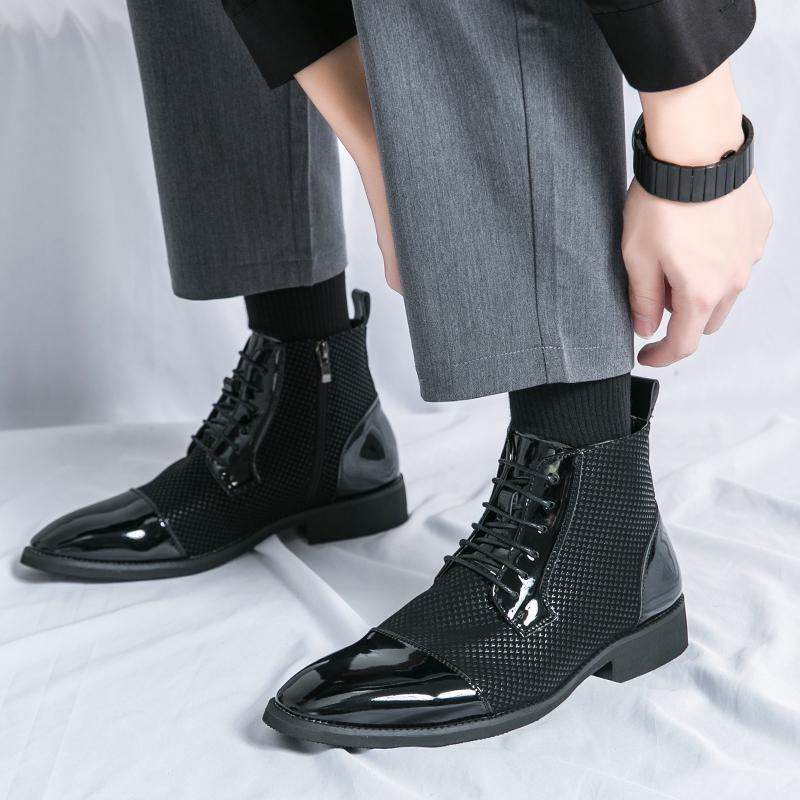 New Male Pointed Mixed Patchwork Lace Up Ankle Boots Men Casual Luxury High Top Platform Shoes Zapatos Hombre