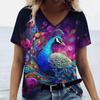 Women's T-shirt Summer Color Cat Print Women's Clothing V-neck Short-sleeved Animal Graphic Blouse Street Wear Oversized