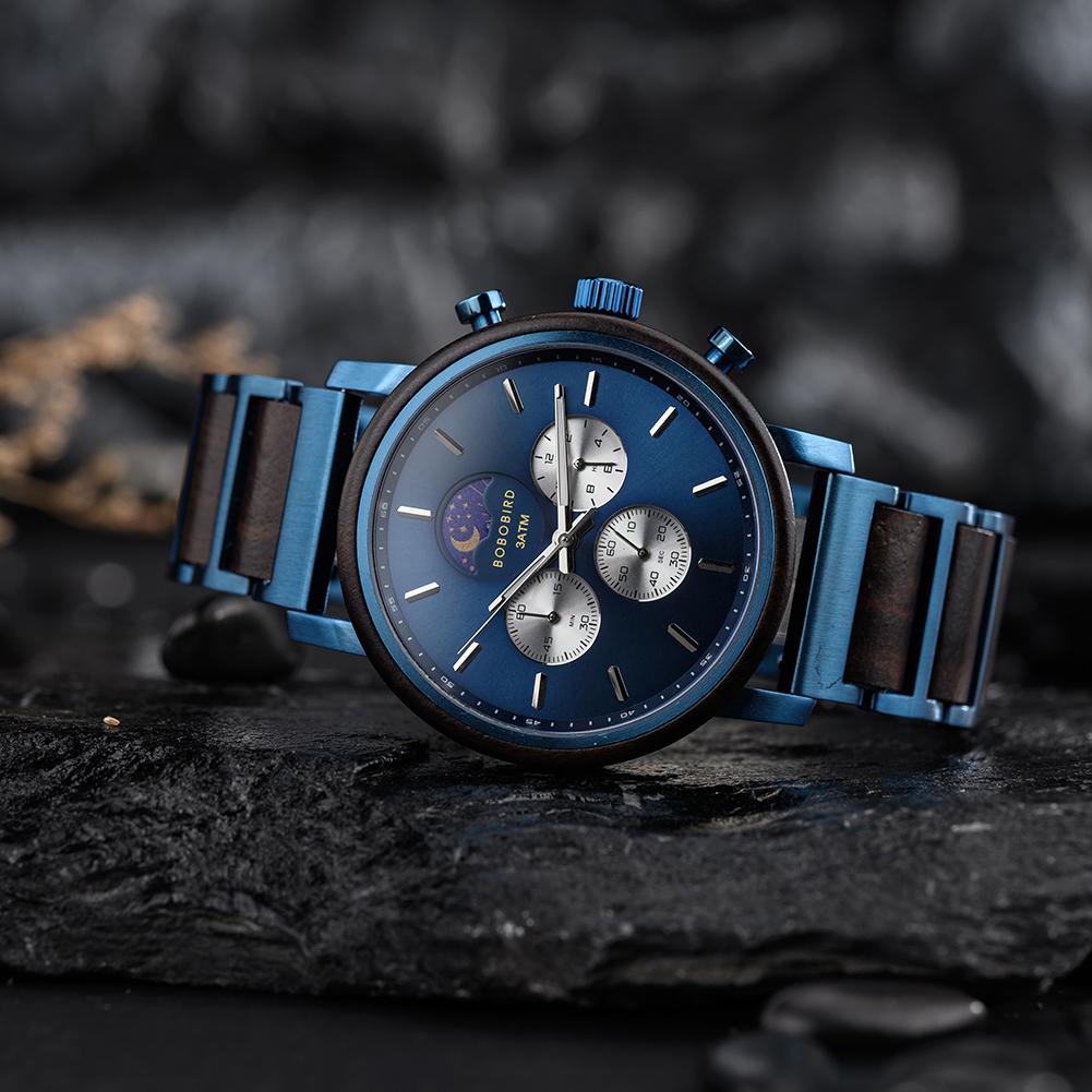 Wood Watch BOBO BIRD New Fashion Top Men Moon Phase Quartz Wristwatch Clock Engraved Watch Custom Logo Great Gift Box