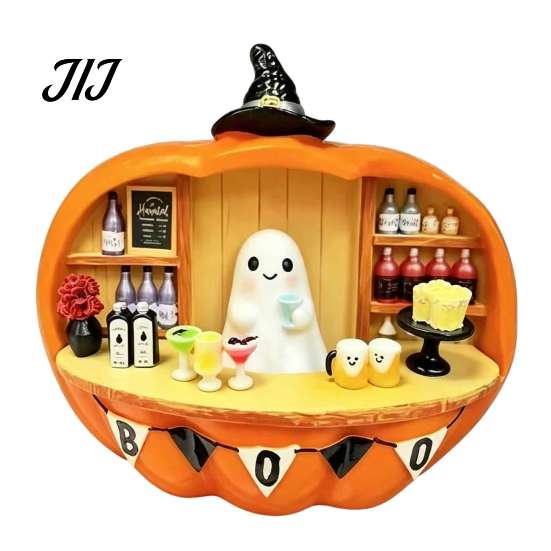 Halloween Pumpkin Bar Ornament Counter Figurine, Cute Ghost Bartender Mini Spooky Tabletop Figurine Scene Statue, Desktop for Home Party Display