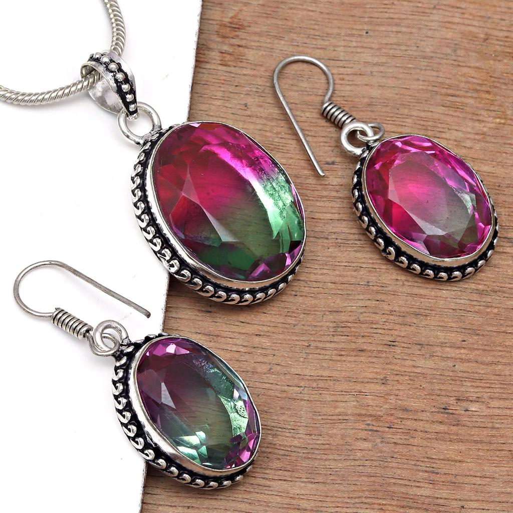 Tourmaline Set Gemstone Gift Wedding Party Bi-Color Pendant,Earring,Ring