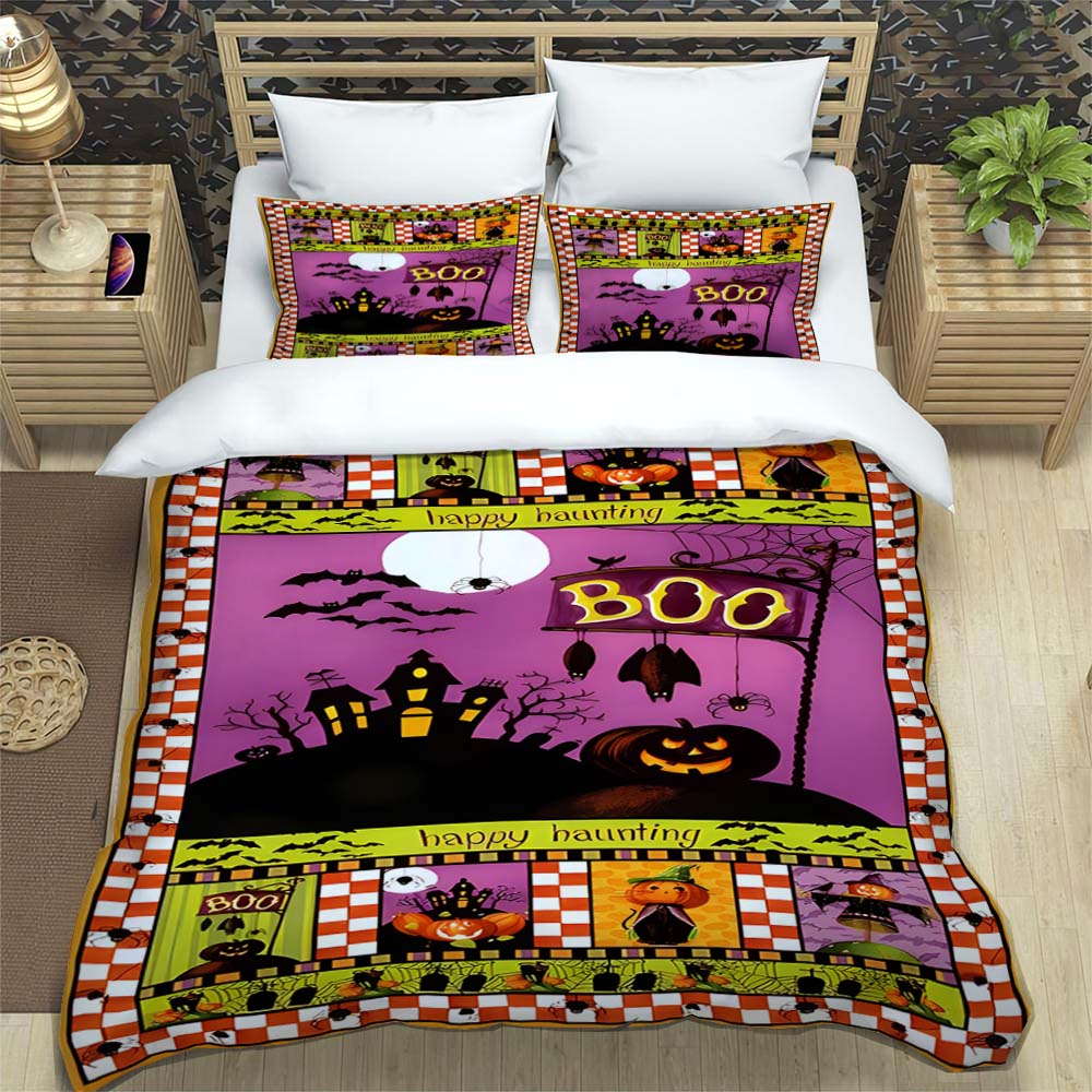Halloween Patchwork Style Three-piece Bedding Set with Black Cat, Bat, Pumpkin, and Retro Plaid Print.