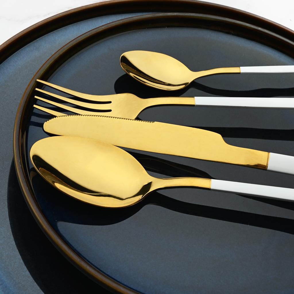 Золотая посуда, ложки, вилки, ножи, столовые приборы, 24 предмета, набор столовой посуды из нержавеющей стали, зеркальная полировка, кухонный набор столового серебра
