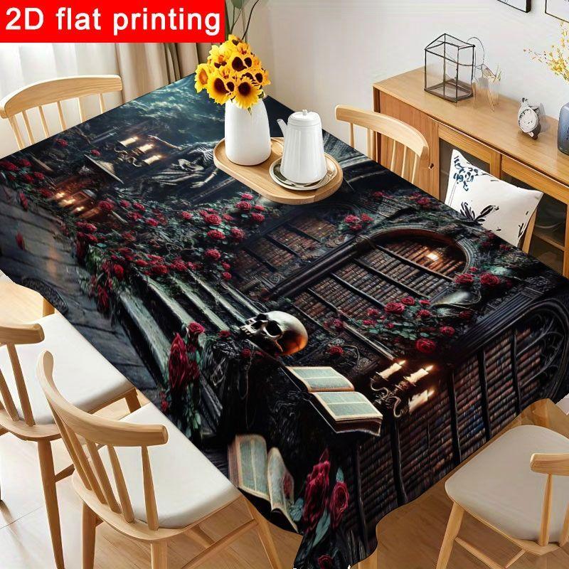 1pc Dark Gothic Floral Tablecloth - Eerie Red Roses & Skulls Design, Reusable & Easy to Clean for Halloween, Romantic Gatherings & Indoor Decorations