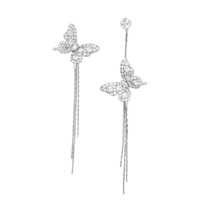 Super flash butterfly tassel stud earrings, women's full diamonds asymmetrical earrings, niche earrings, mosquito coil disc ear clips, no holes