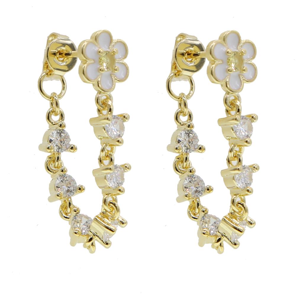 Promotion Cz Long Tassel Chain Double Piercing Flower Earring with White Zircon Bling Stud Earring Women