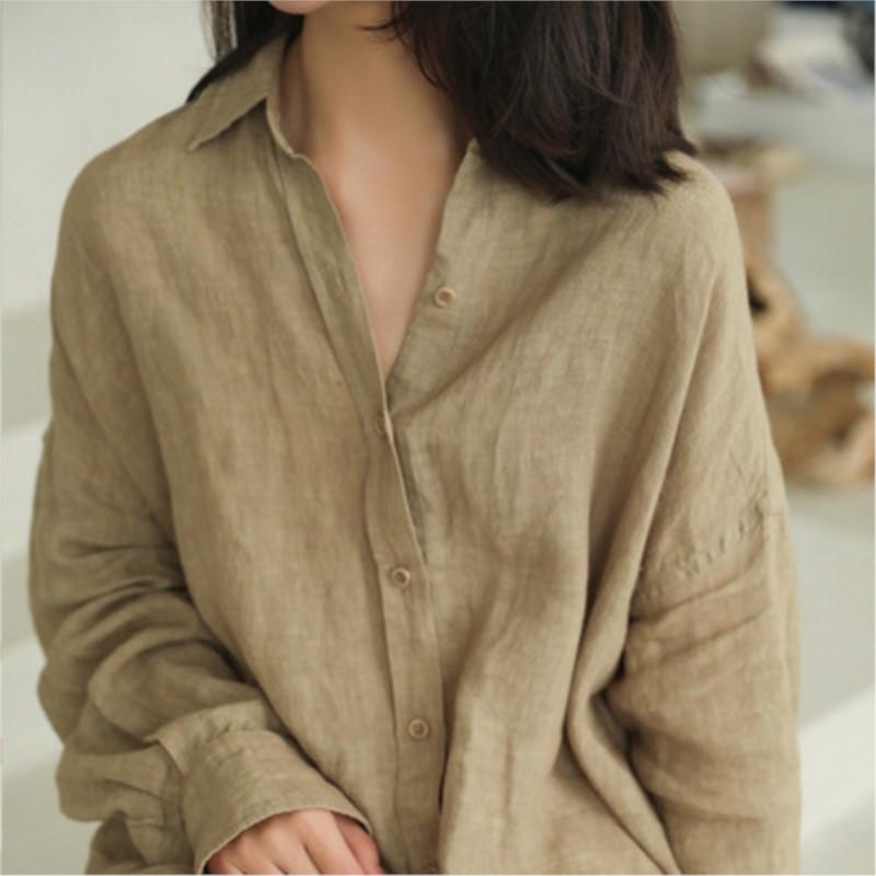 Johnature Woman Autumn Solid Color Casual Loose Shirt Korean Long Sleeves Single Breasted Shirts
