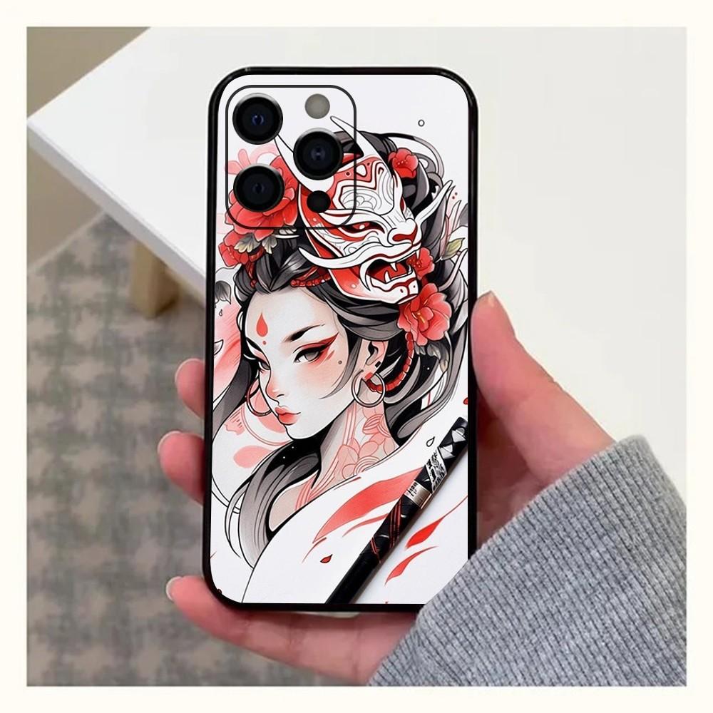 Samurai Warrior Geisha Phone Case For Apple iPhone 15,14,13,12,11,Pro,X,XS,Max,XR,Plus,Mini Soft black shell